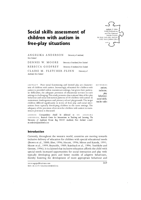 (PDF) Social skills assessment of children with autism in free-play ...