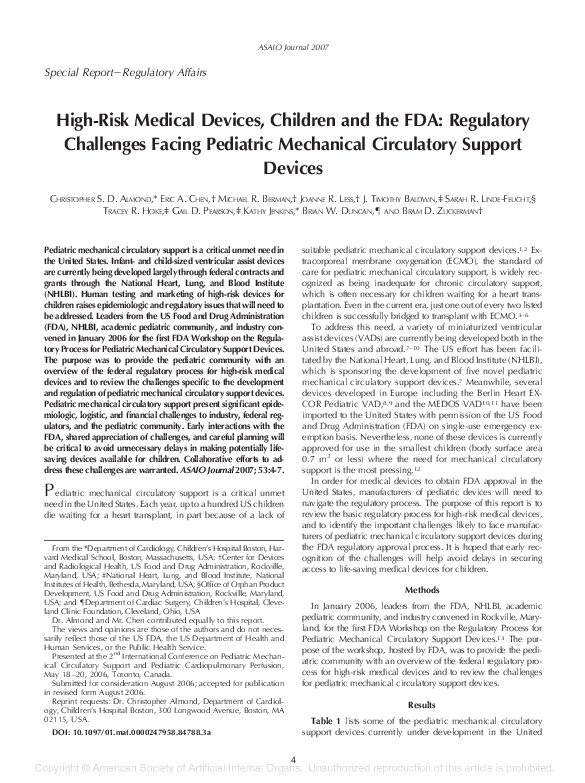 (PDF) High-Risk Medical Devices, Children and the FDA: Regulatory ...