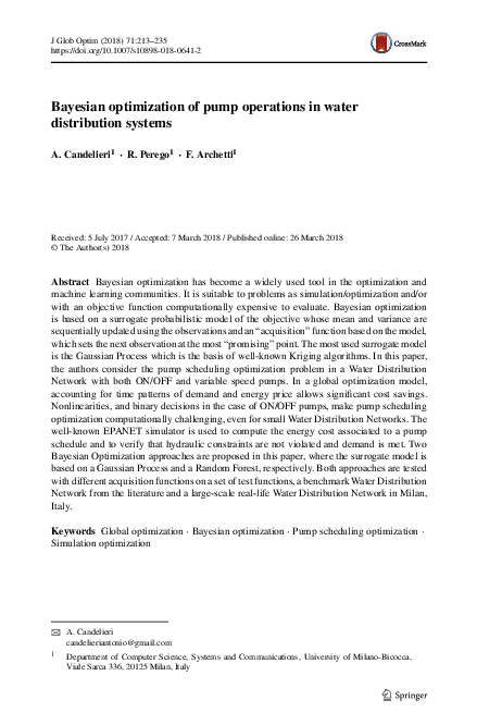 (PDF) Bayesian optimization of pump operations in water distribution ...