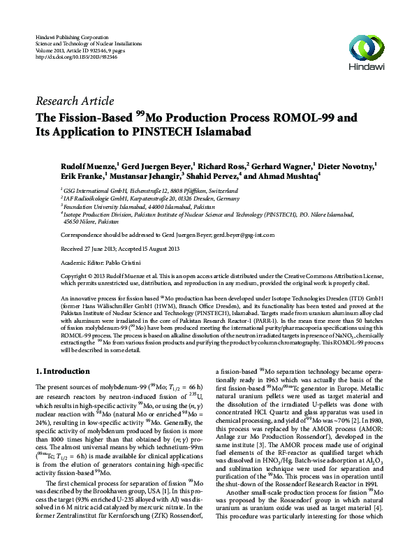 (PDF) The Fission-Based 99Mo Production Process ROMOL-99 and Its ...