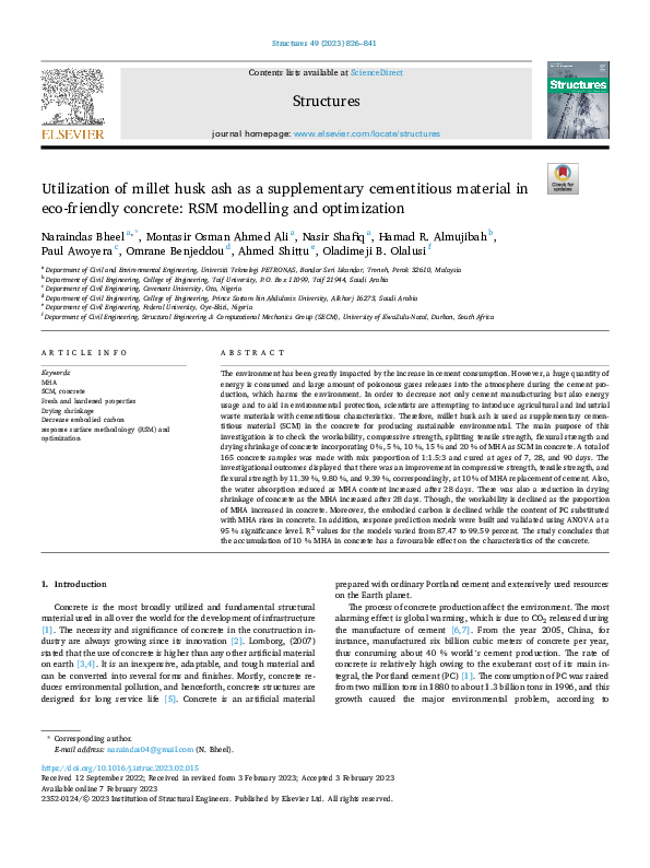 (PDF) Utilization of millet husk ash as a supplementary cementitious ...