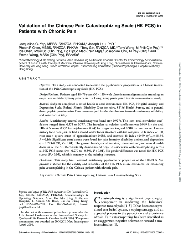 (PDF) Validation of the Chinese Pain Catastrophizing Scale (HK-PCS) in ...