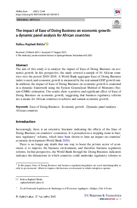 (PDF) The impact of Ease of Doing Business on economic growth: a ...