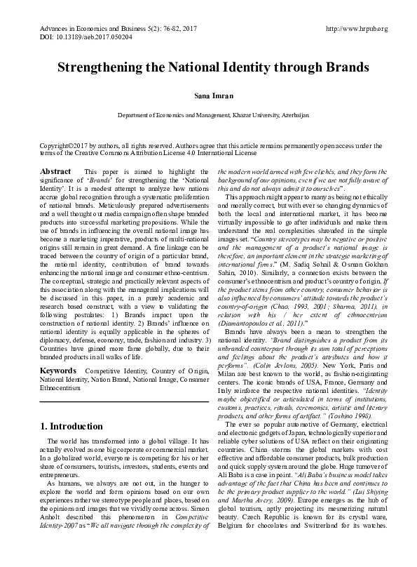 (PDF) Strengthening the National Identity through Brands