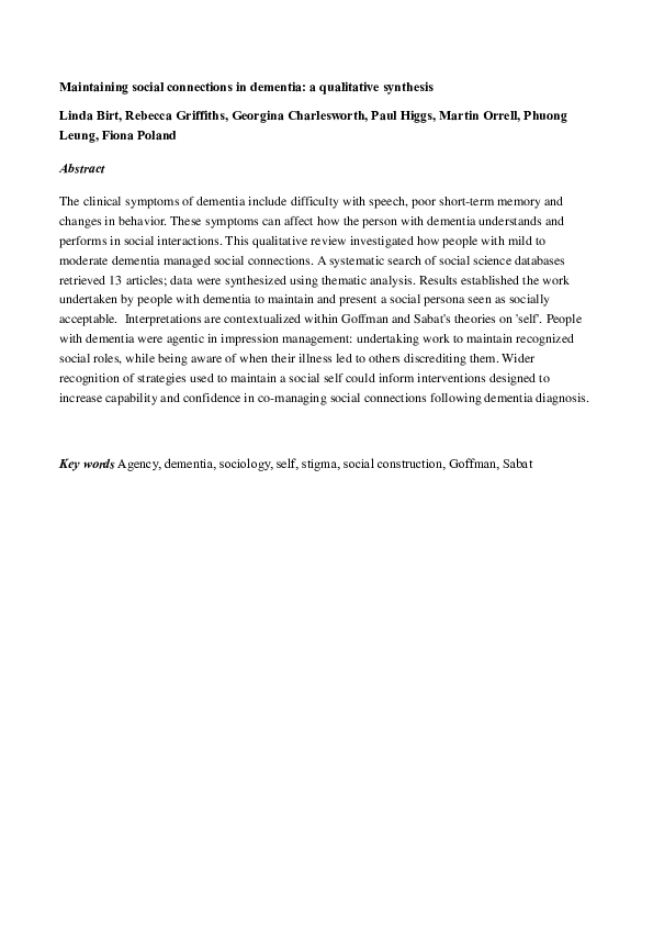 (PDF) Maintaining Social Connections in Dementia: A Qualitative Synthesis