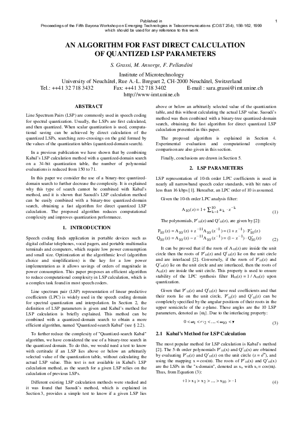(PDF) An algorithm for fast direct calculation of quantized LSP parameters