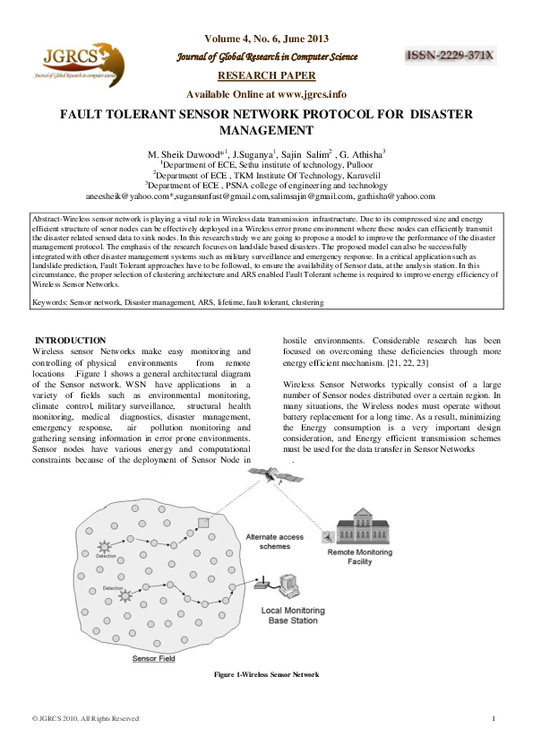(PDF) Fault Tolerant Sensor Network Protocol for Disaster Management