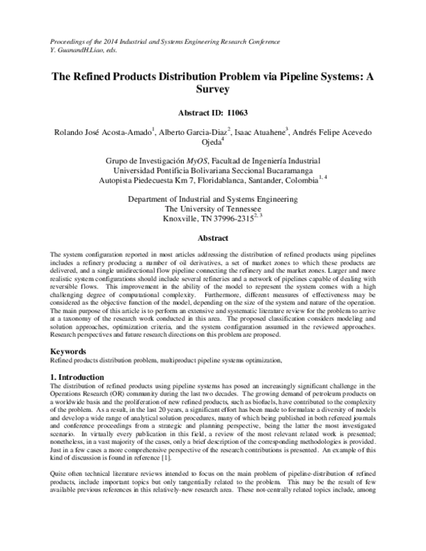 (PDF) The Refined Products Distribution Problem via Pipeline Systems: A ...