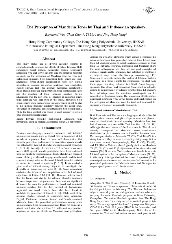 (PDF) The Perception of Mandarin Tones by Thai and Indonesian Speakers