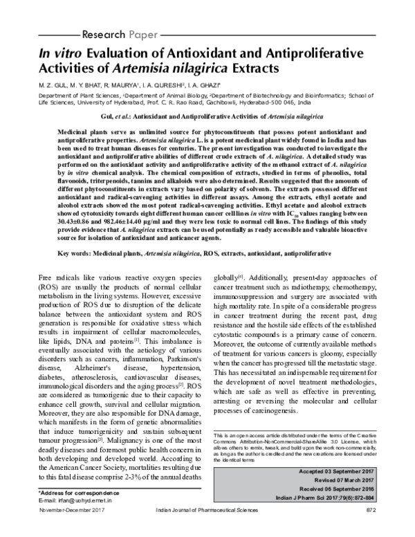 (PDF) In vitro Evaluation of Antioxidant and Antiproliferative ...