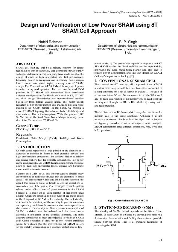 (PDF) Design and Verification of Low Power SRAM using 8T SRAM Cell Approach