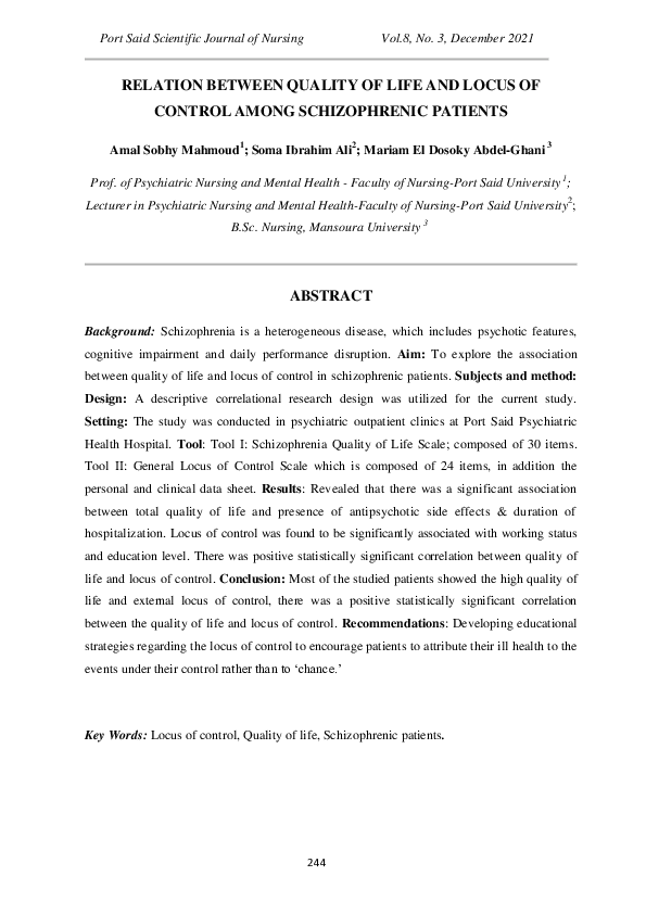 (PDF) Relation Between Quality of Life and Locus of Control Among ...