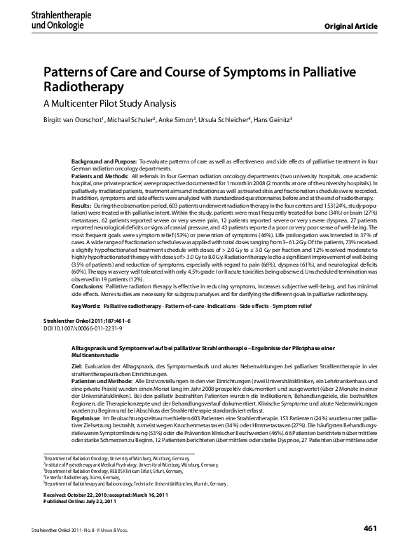 (PDF) Patterns of Care and Course of Symptoms in Palliative Radiotherapy