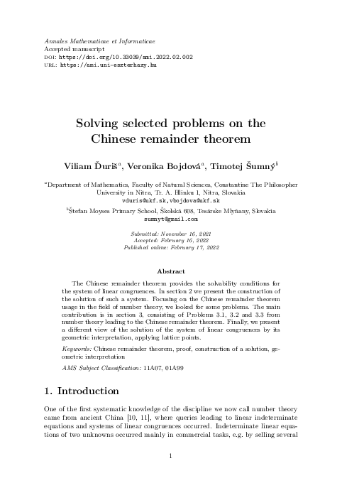 (PDF) Solving selected problems on the Chinese remainder theorem