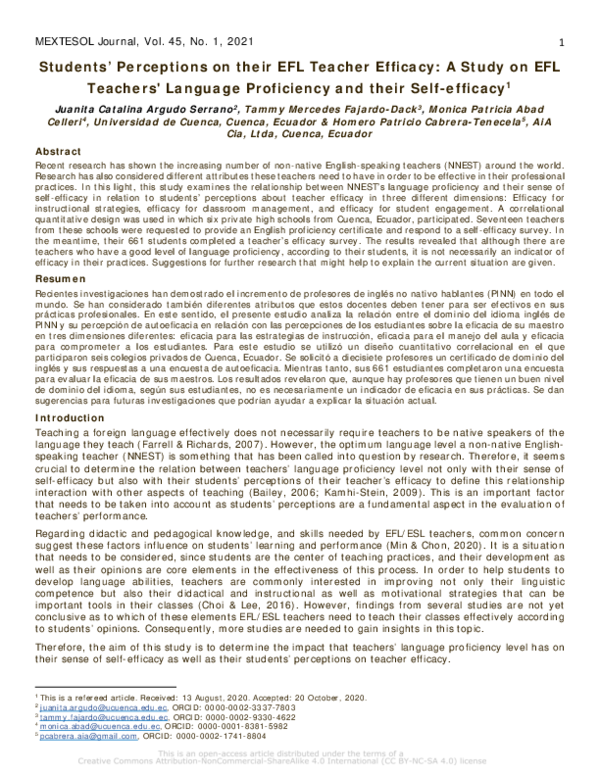 (PDF) Students' Perceptions on Their EFL Teacher Efficacy: A Study on ...