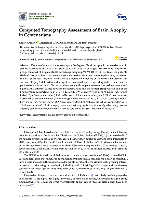 (PDF) Computed Tomography Assessment of Brain Atrophy in Centenarians