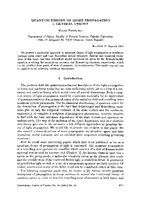 (PDF) Quantum theory of light propagation I. General theory
