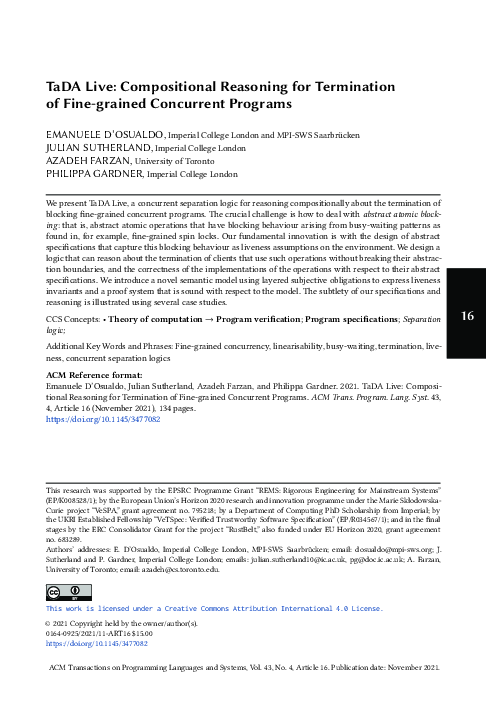 (PDF) TaDA Live: Compositional Reasoning for Termination of Fine ...