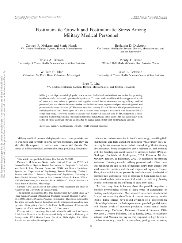 (PDF) Posttraumatic growth and posttraumatic stress disorder in Veterans