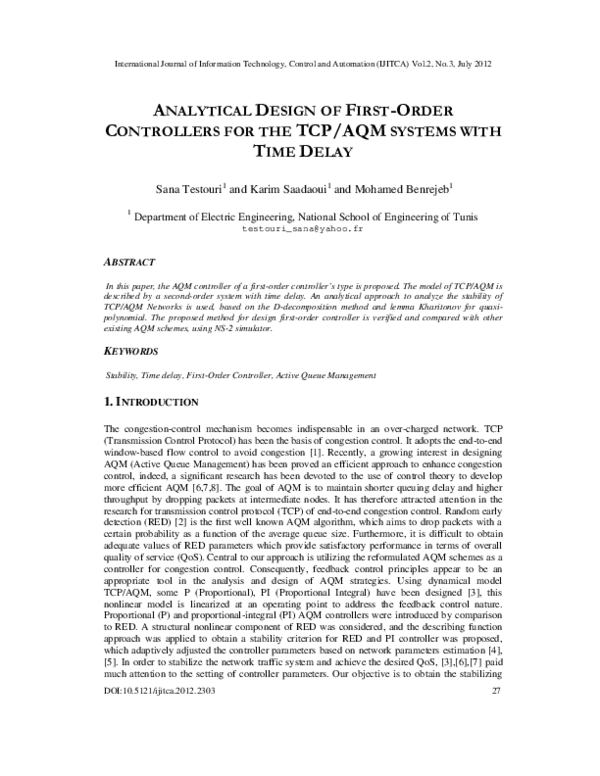 (PDF) Analytical Design of First-Order Controllers for The Tcp/Aqm ...