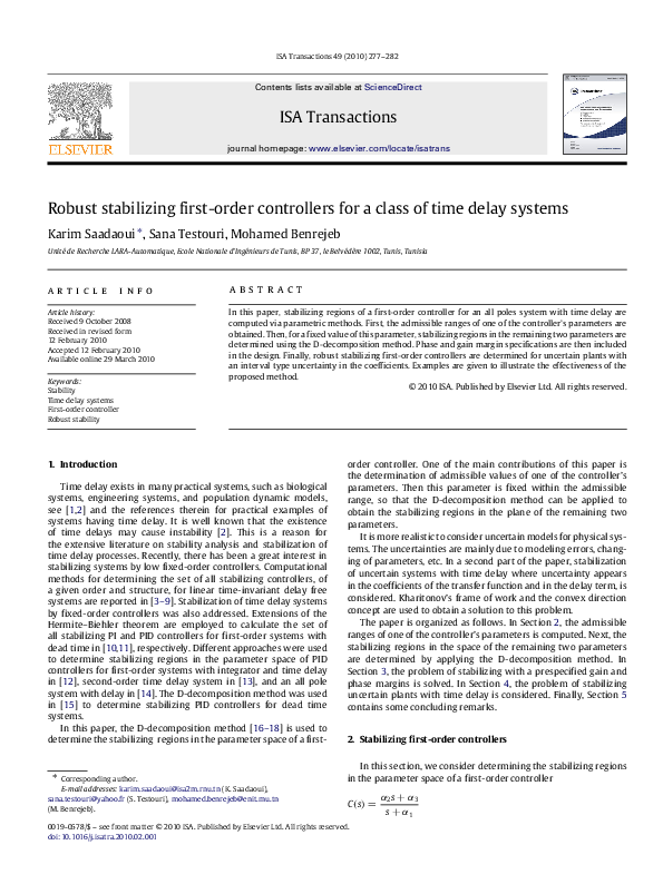 (PDF) Robust stabilizing first-order controllers for a class of time ...