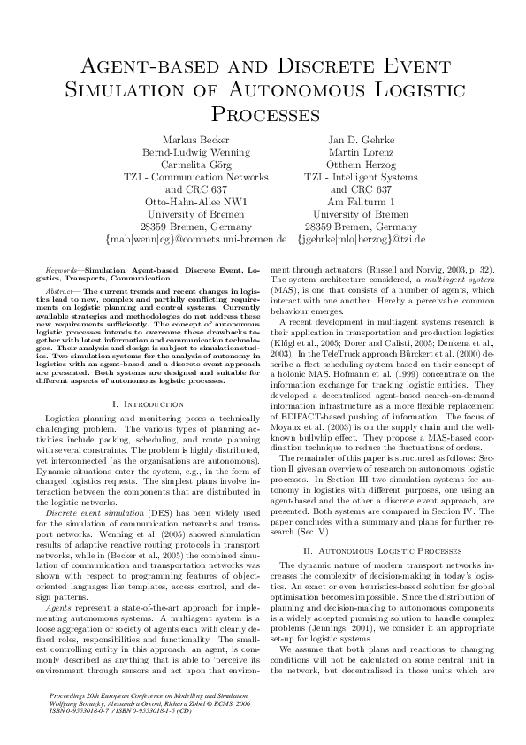 (PDF) Agent-Based And Discrete Event Simulation Of Autonomous Logistic ...