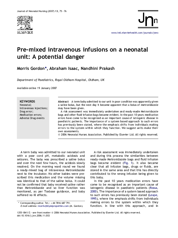 (PDF) Pre-mixed intravenous infusions on a neonatal unit: A potential ...