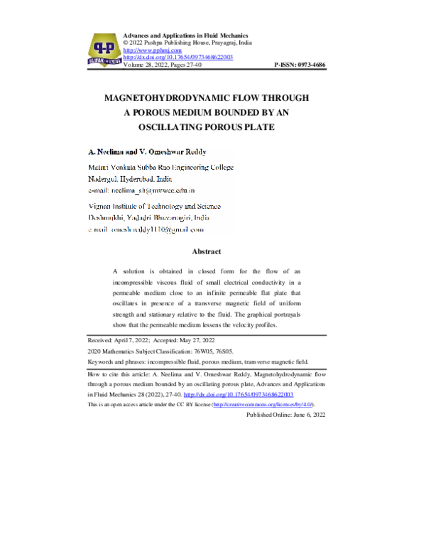 (PDF) Magnetohydrodynamic Flow Through a Porous Medium Bounded by an ...