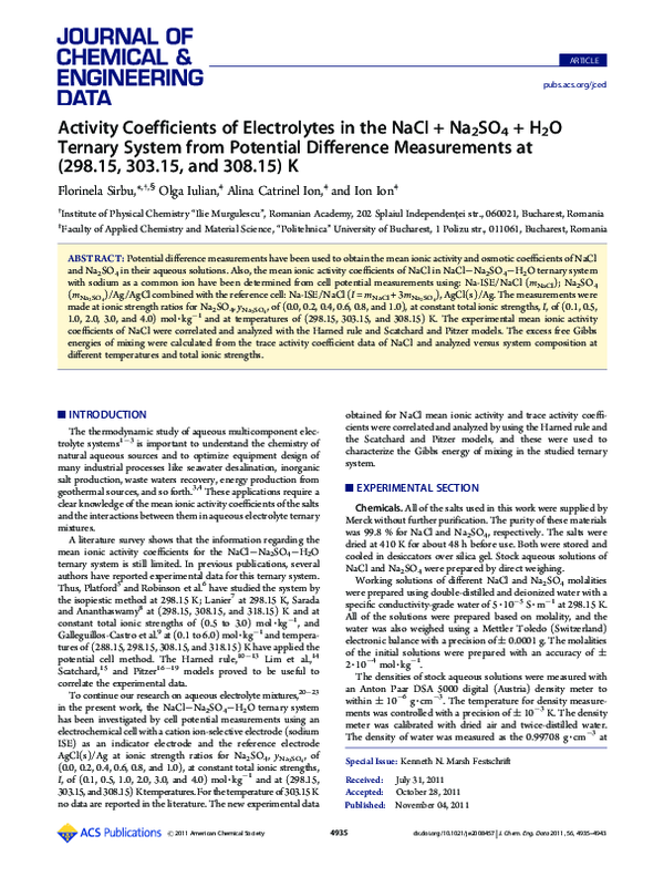 (PDF) Activity Coefficients of Electrolytes in the NaCl + Na2SO4 + H2O ...