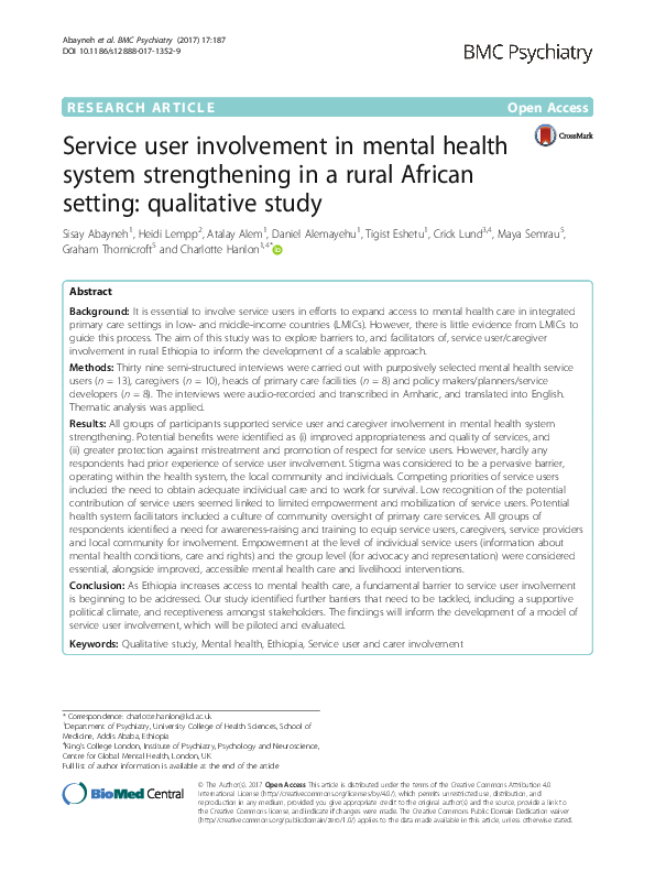 (PDF) Service user involvement in mental health system strengthening in ...