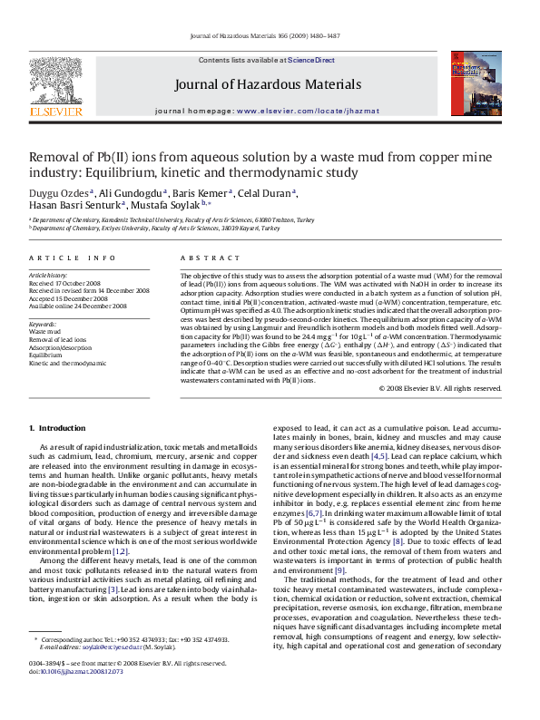 (PDF) Removal of Pb(II) ions from aqueous solution by a waste mud from ...