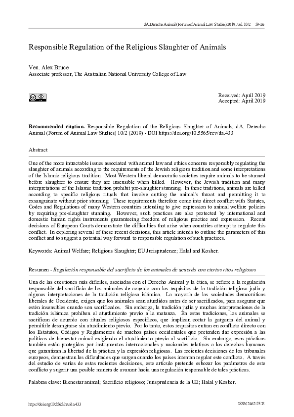 (PDF) Responsible Regulation of the Religious Slaughter of Animals