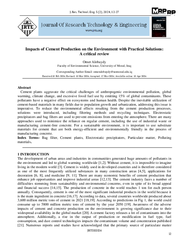 (PDF) Impacts of Cement Production on the Environment with Practical ...