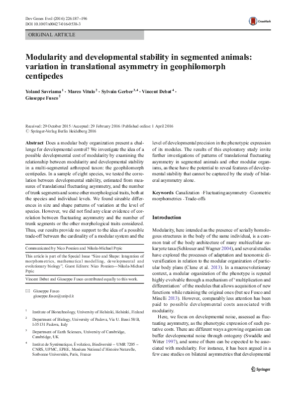 Modularity and developmental stability in segmented animals: variation ...
