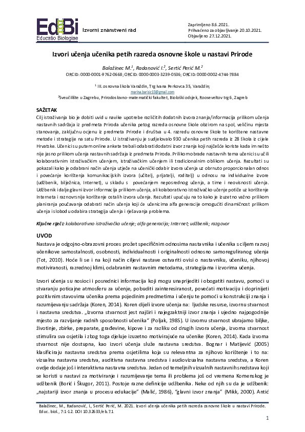 (PDF) Izvori učenja učenika petih razreda osnovne škole u nastavi Prirode