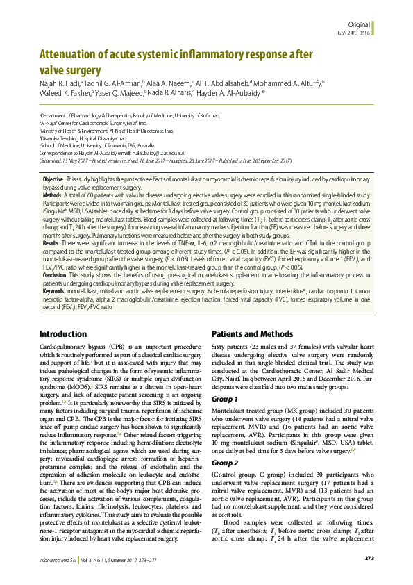 Attenuation of acute systemic inflammatory response after valve surgery