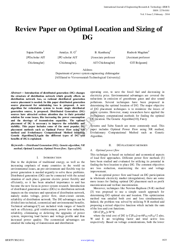 (PDF) Review Paper on Optimal Location and Sizing of DG