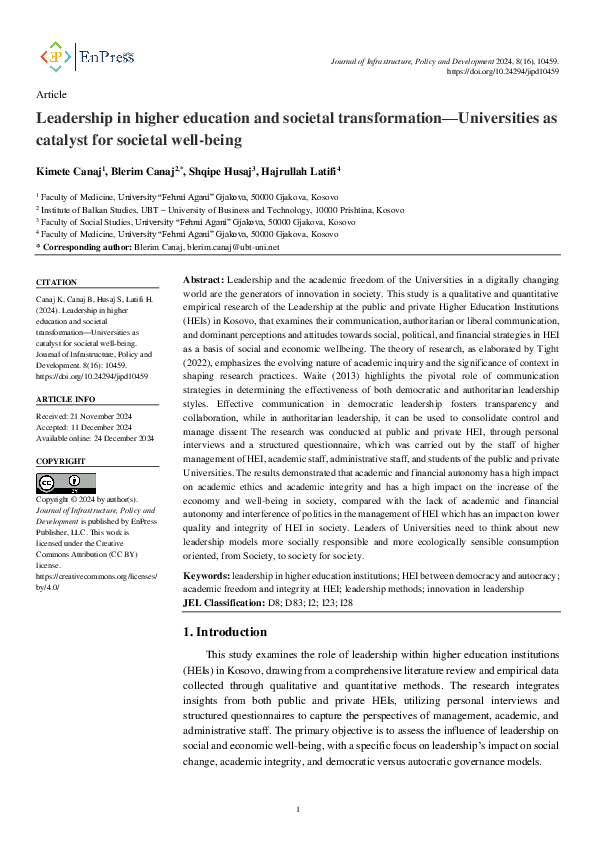 (PDF) Leadership in higher education and societal transformation ...