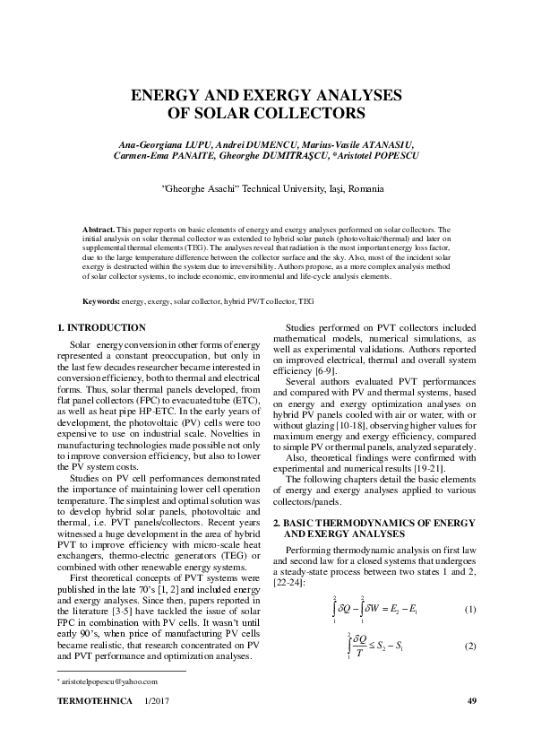 (PDF) Energy and Exergy Analyses of Solar Collectors
