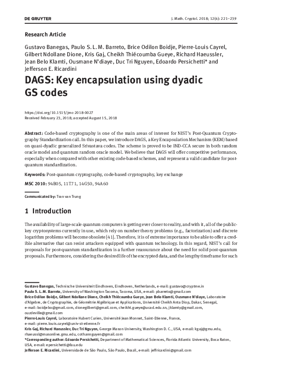 (PDF) DAGS: Key encapsulation using dyadic GS codes