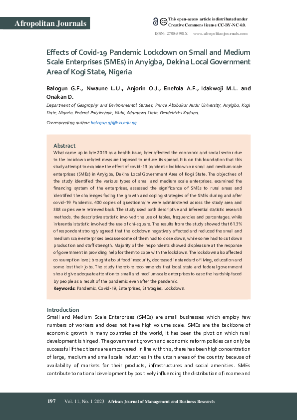(PDF) Effects of Covid-19 Pandemic Lockdown on Small and Medium Scale ...
