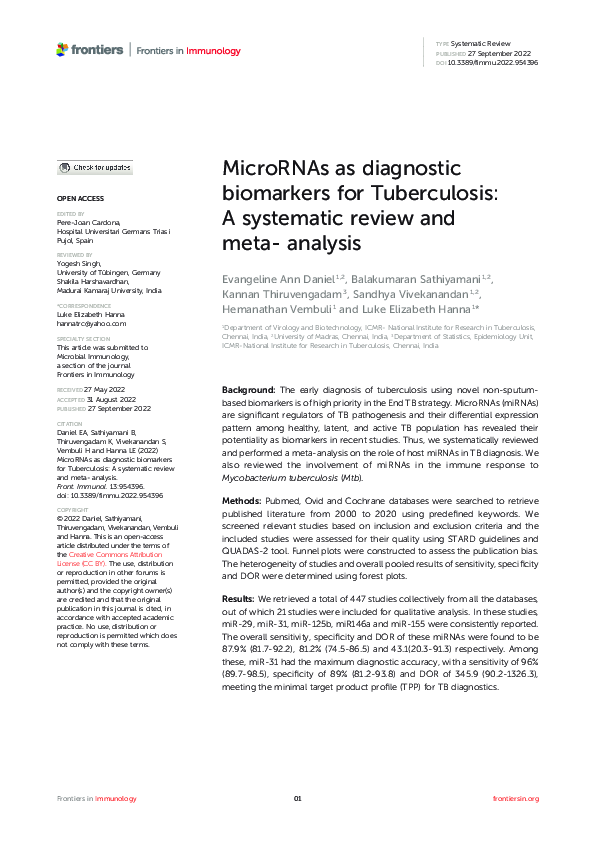 (PDF) MicroRNAs as diagnostic biomarkers for Tuberculosis: A systematic ...