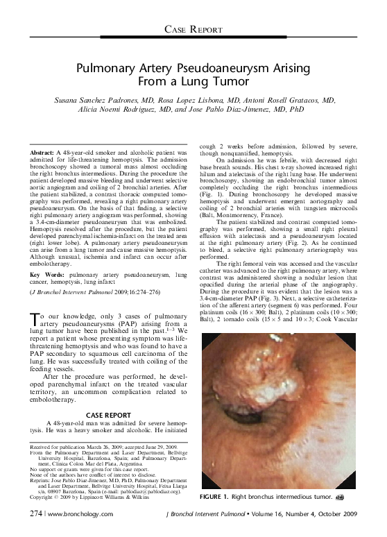 (PDF) Pulmonary Artery Pseudoaneurysm Arising From a Lung Tumor