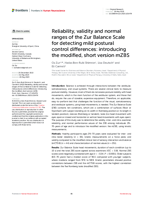 (PDF) Reliability, validity and normal ranges of the Zur Balance Scale ...