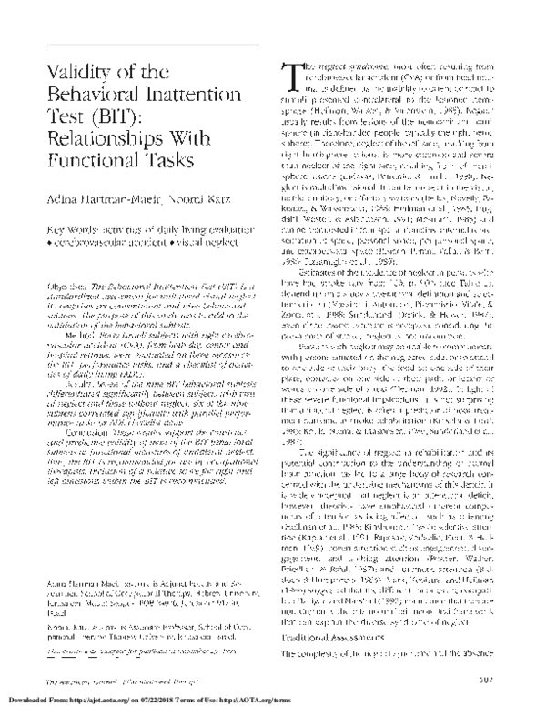 (PDF) Validity of the Behavioral Inattention Test (BIT): Relationships ...