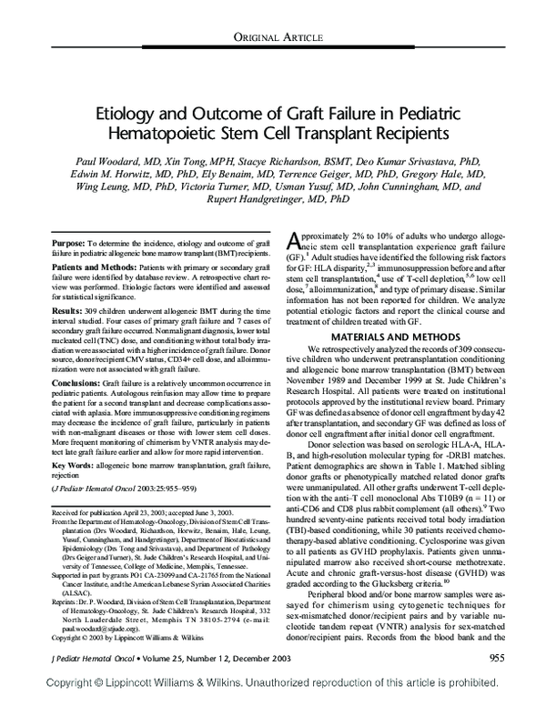 Etiology and Outcome of Graft Failure in Pediatric Hematopoietic Stem ...