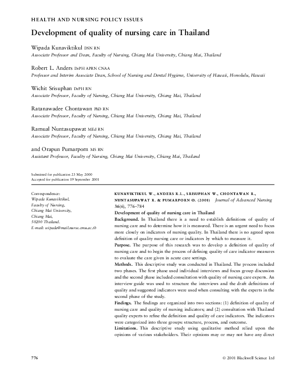 (PDF) Development of quality of nursing care in Thailand