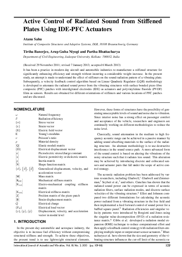 (PDF) Active Control of Radiated Sound from Stiffened Plates Using IDE ...