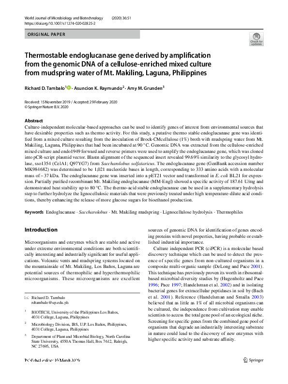 (PDF) Thermostable endoglucanase gene derived by amplification from the ...