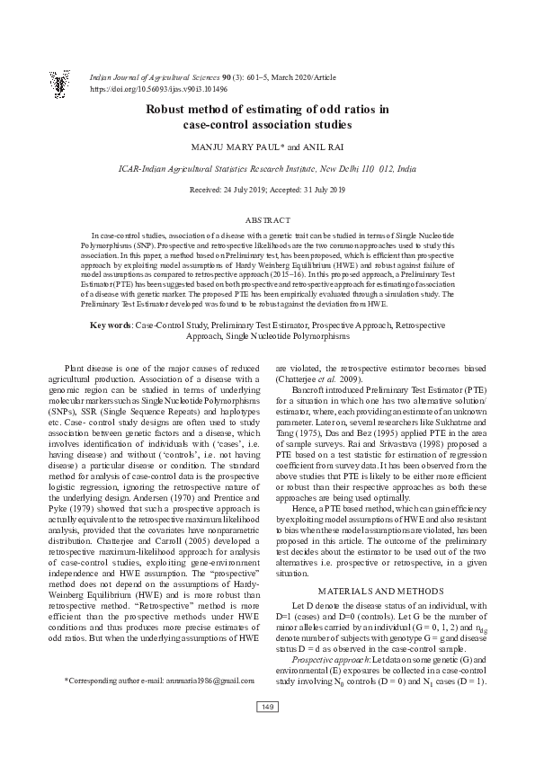 (PDF) Robust method of estimating of odd ratios in case-control ...